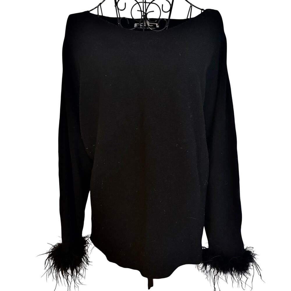 SIONI Milan Italy Black Feather Trim Coquette Sweater Pullover Glam Whimsygoth